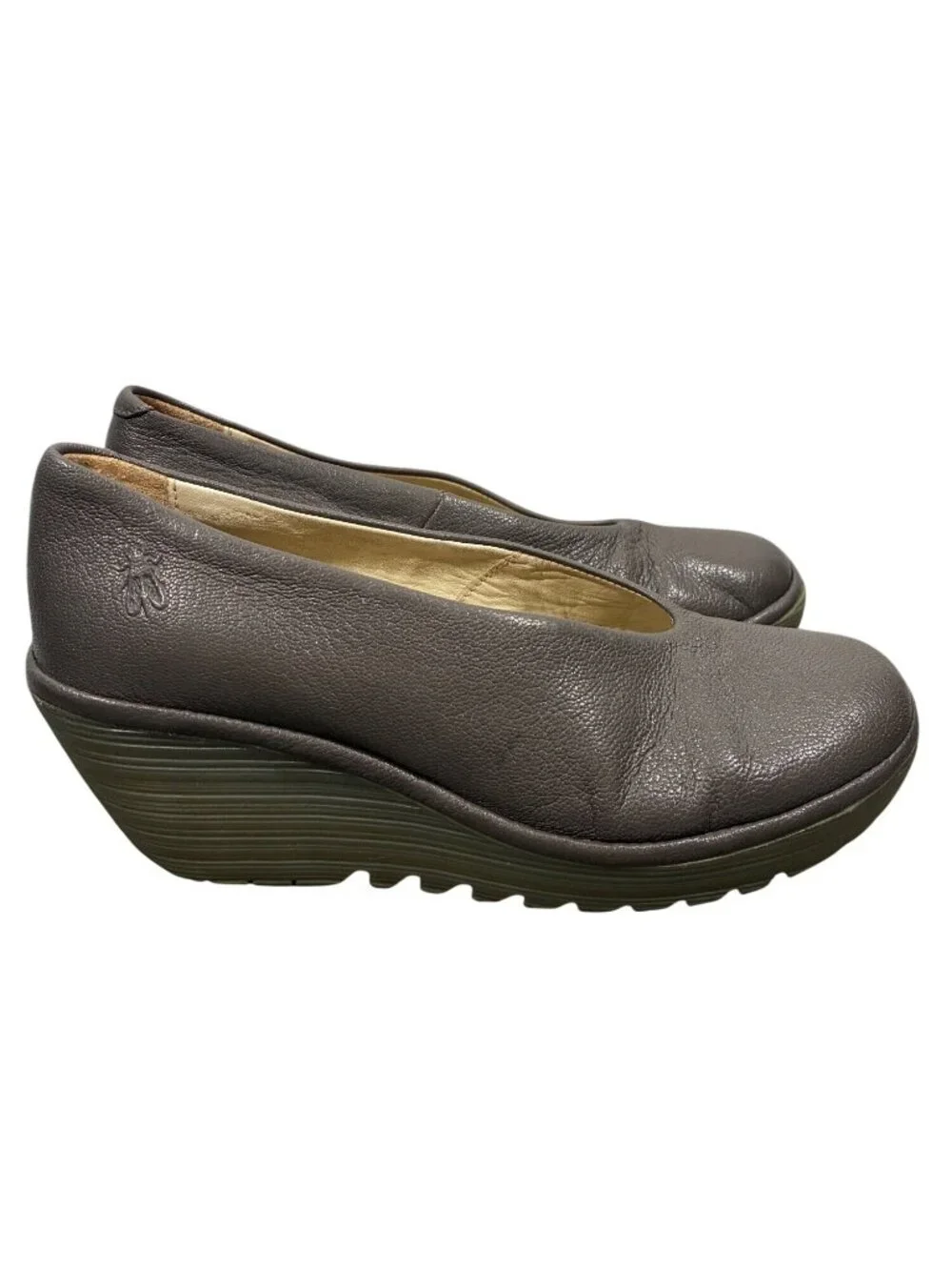 Fly London Womens EU 38 Yaz Gray Leather Slip-On Wedge Heels Shoes
